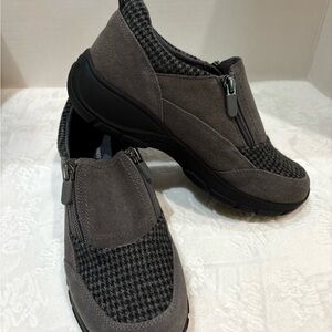 Women’s gray suede and houndstooth all-weather dbl zip MOC shoe
